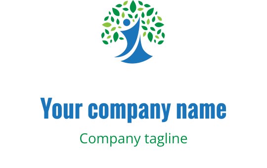 Moderne logo design med et stilisert tre med grønne blader og en blå figur