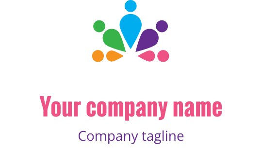 Fargerik logo med abstrakte former i blått, grønt og rosa