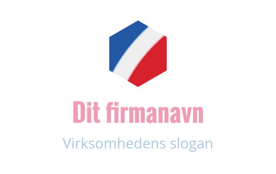 Sekskantet logo design med blå, hvite og røde elementer og moderne typografi
