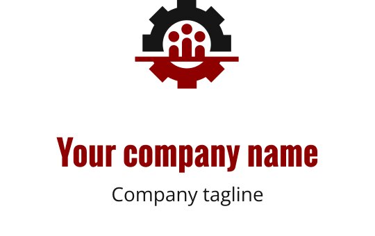 Moderne logo design med et tannhjul og tre figurer i rødt og svart