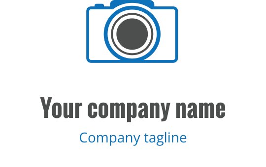 Logo design i teal og grått med et stilisert kameralinse
