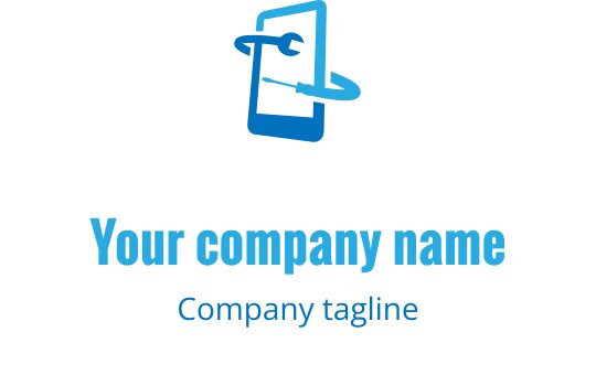 Moderne blå logo med en kombinasjon av smarttelefon og skiftenøkkel