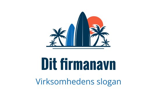 Tropisk logo med surfebrett, palmer og solnedgangsbakgrunn