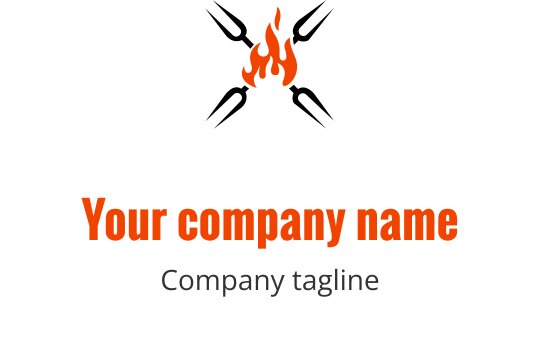 Fet logo med en flamme over stilisert tekst i oransje og grått