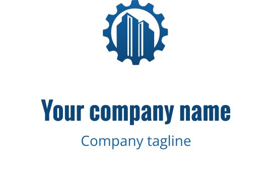 Moderne logo design med en tannhjul- og bygning-silhuett i blått