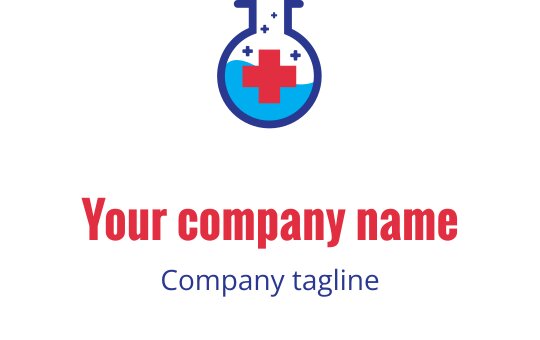 Moderne logo design av laboratoriumsflaske med rød kors og blå væske